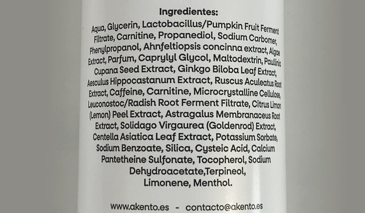 Foto del INCI del envase de producto anticelulítico
